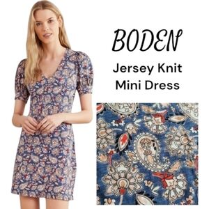NWT Boden Blue Paisley Jersey Knit Mini Dress Puff Sleeve V-Neck Cotton 8